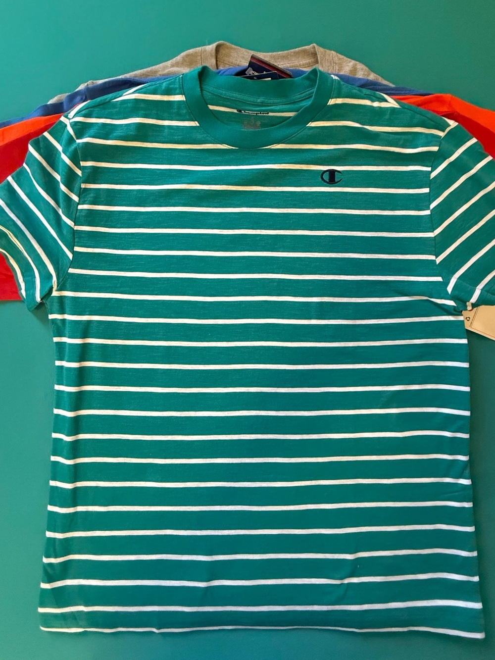 Champion men's  Green & White Striped Short Sleeve Tee